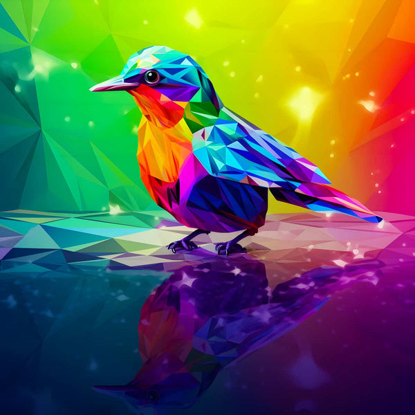 Colorful diamond painting of a side-view bird with a vibrant, geometric background