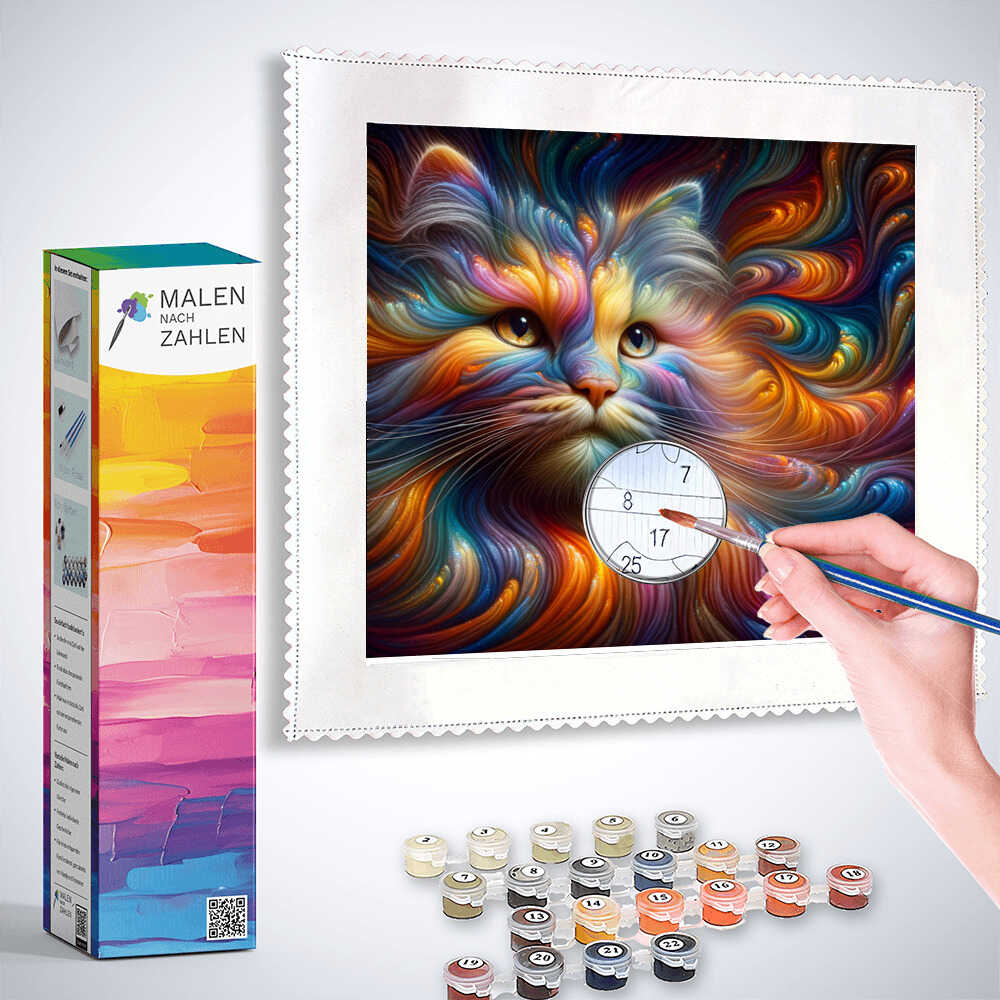 Diamond Painting - lebhafte Katze mit Regenbogenfarben, Farbenspiel der Katze im Surrealismus-Stil, Malen nach Zahlen Set.