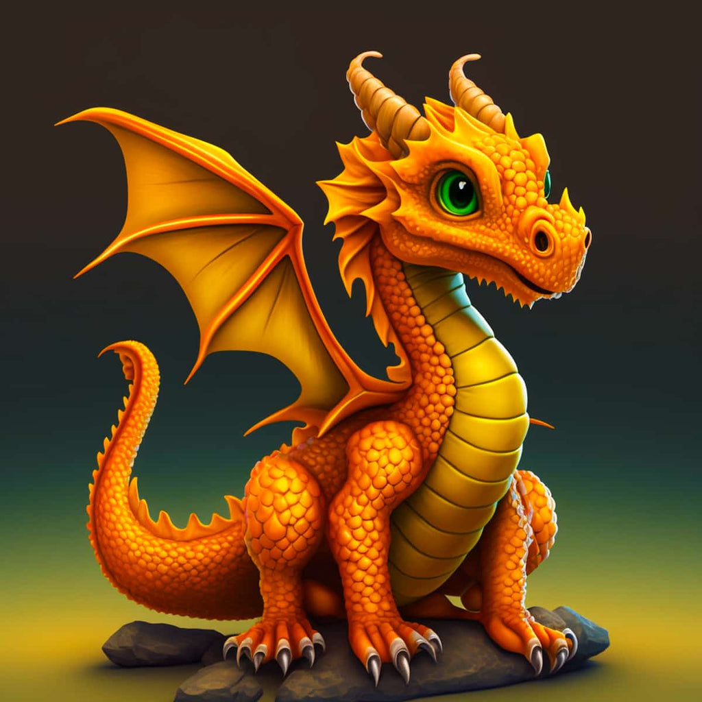 Orange dragon illustration with large green eyes and wings sitting on a rock.