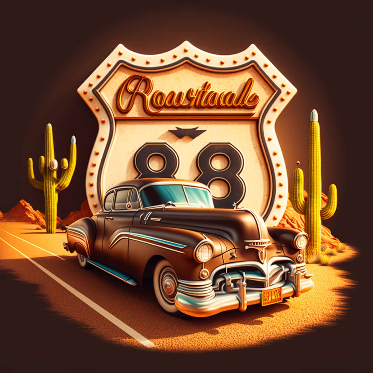 Vintage car on Route 66 with retro Route 66 sign and desert cacti background from Diamond Painting Kit