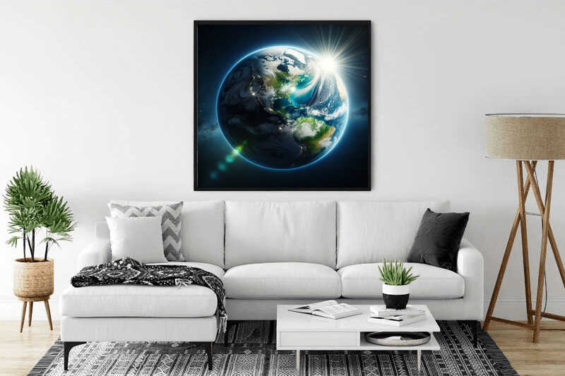 Painting of Earth titled "Erwachen des Blauen Planeten" displayed above a modern white sofa in a stylish living room.