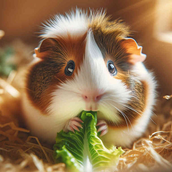 Cute little guinea pig eating a green lettuce leaf in a cozy, sunlit environment