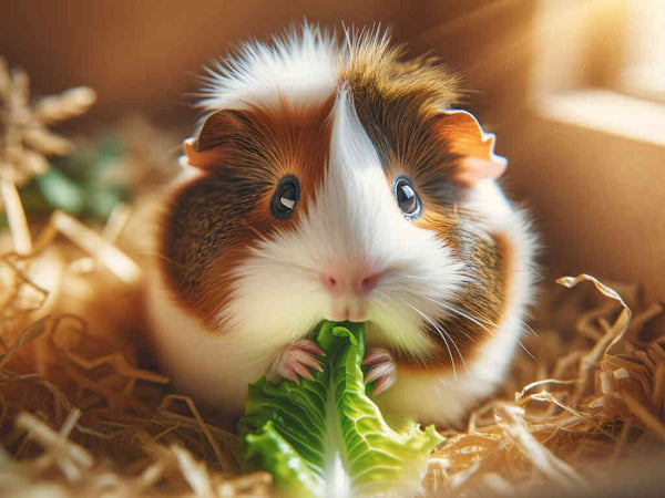 Cute little guinea pig eating a green lettuce leaf in a cozy, sunlit environment