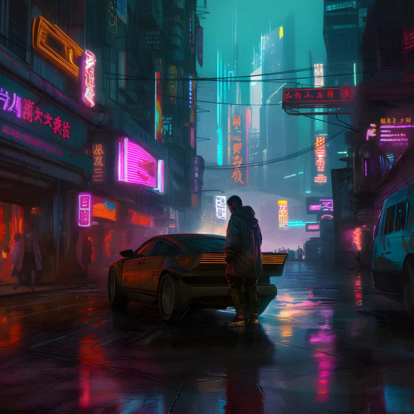 Person standing next to a futuristic car in a rainy, neon-lit city street at night.