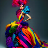 Diamond Painting - Frau mit großem Kleid in einem farbenfrohen, wellenförmigen Design mit lebhaften Regenbogenfarben.
