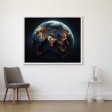 Malen nach Zahlen - Erleuchteter Planet Kunstwerk an einer weißen Wand, Weltkugel mit leuchtenden Kontinenten, luxuriöser, abstrakter Stil