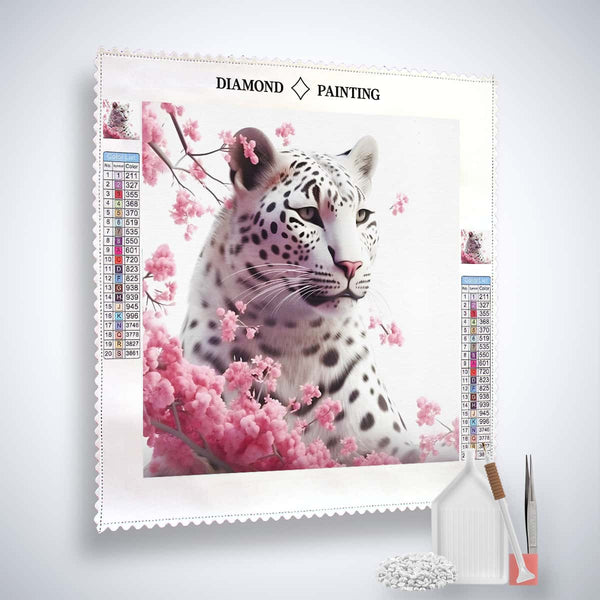 Diamond Painting Kit Schneeleopard mit Rosenblüten - Profi-Leinwand mit Acryl Diamonds und Künstler-Pinzette.