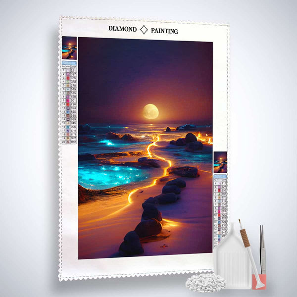AB Diamond Painting Lichtweg am Strand Kit - Sparkling Beach Path with Moonlit Sea and Included Tools
