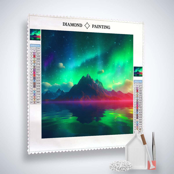 AB Diamond Painting Nordlichter Grün Kit – Aurora Borealis Landscape with Mountains, Includes Professional Canvas, Acrylic Diamonds, Tweezers, Setzstift