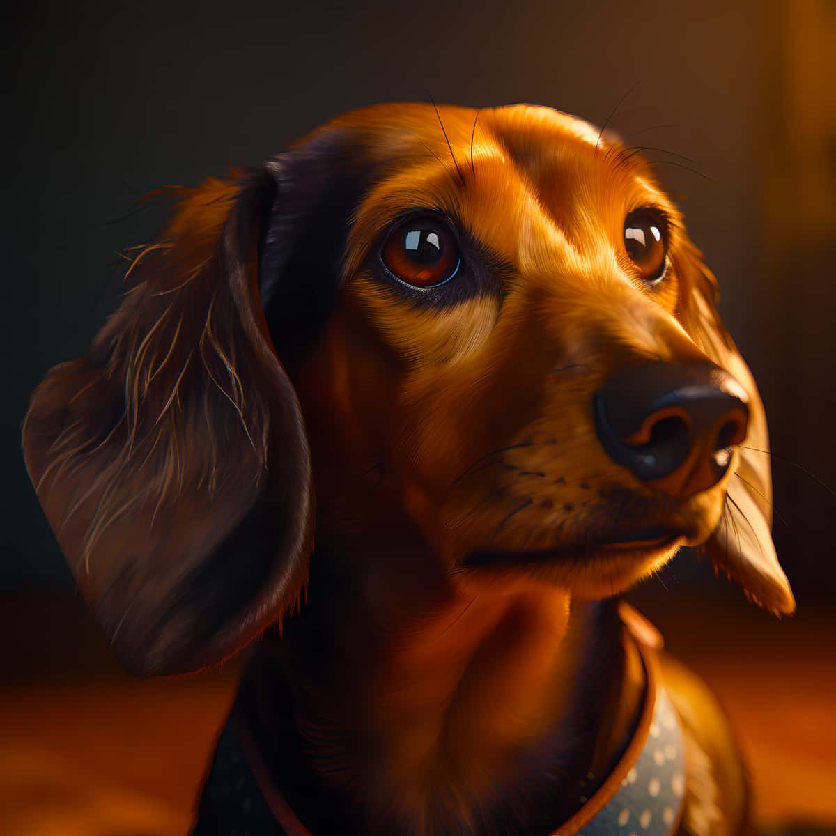 Portrait of a dachshund illuminated by golden hour light, showcasing the detailed painting from the "Malen nach Zahlen" series.
