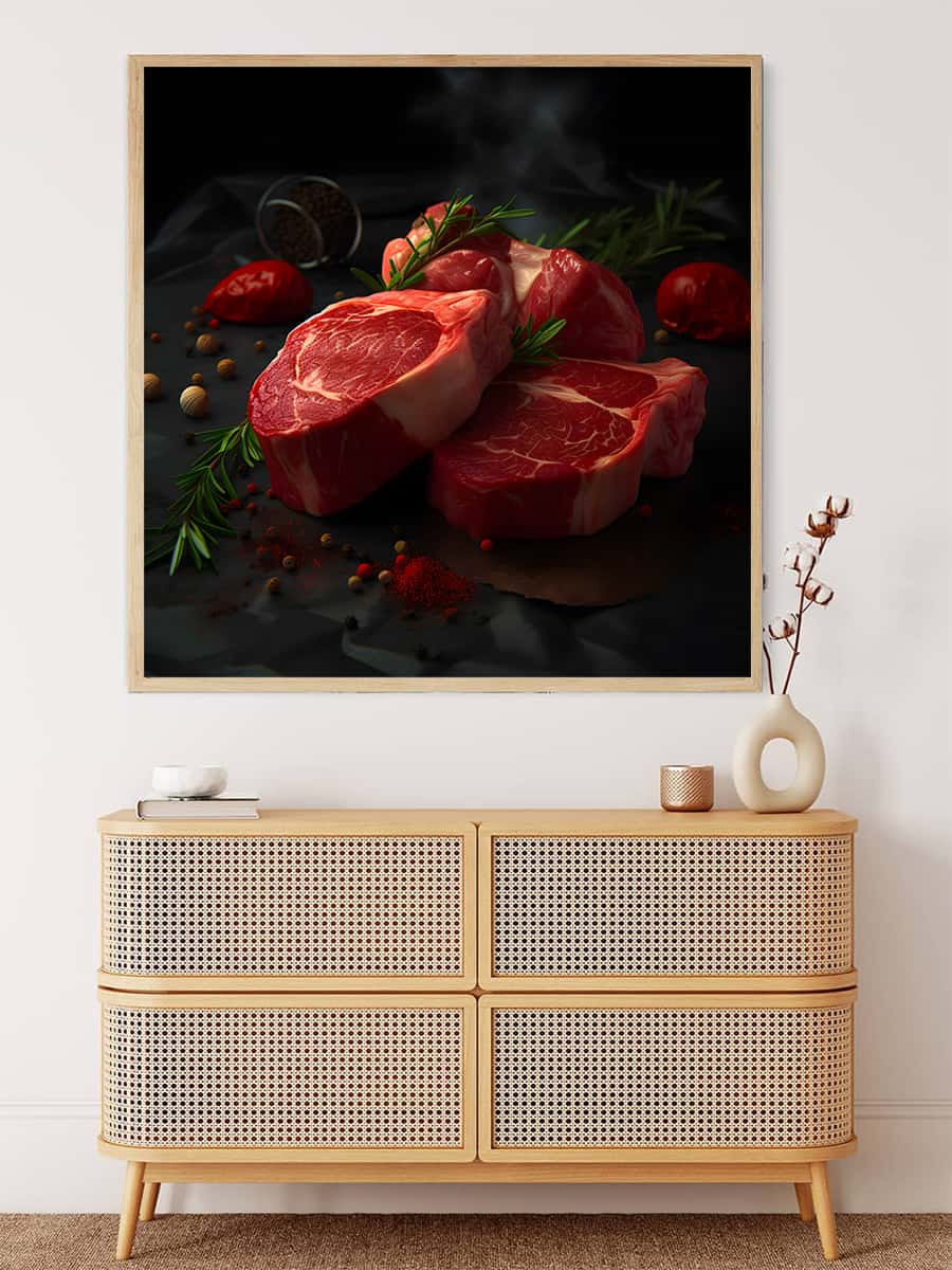 Wall art of steaks painting on display above a modern wicker chest in a home setting.