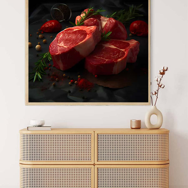 Wall art of steaks painting on display above a modern wicker chest in a home setting.