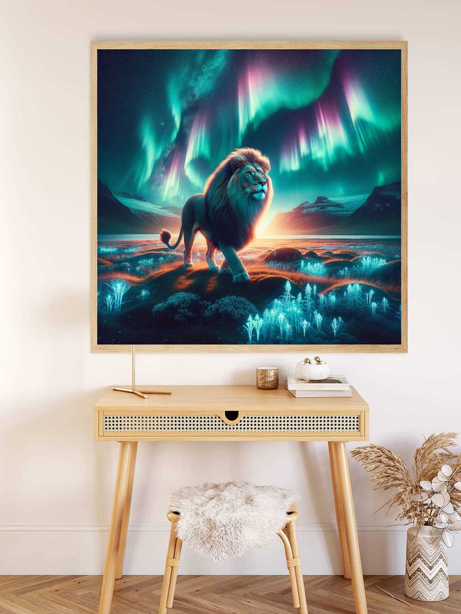 "Malen nach Zahlen - Nordlichtermajestät painting of a majestic lion under vibrant Northern Lights displayed above a wooden desk"