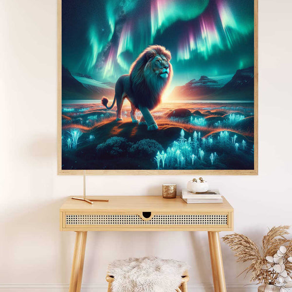 "Malen nach Zahlen - Nordlichtermajestät painting of a majestic lion under vibrant Northern Lights displayed above a wooden desk"