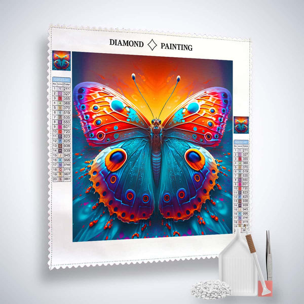Diamond Painting Kit - Schmetterlingsauge with colorful butterfly design and complete accessory set