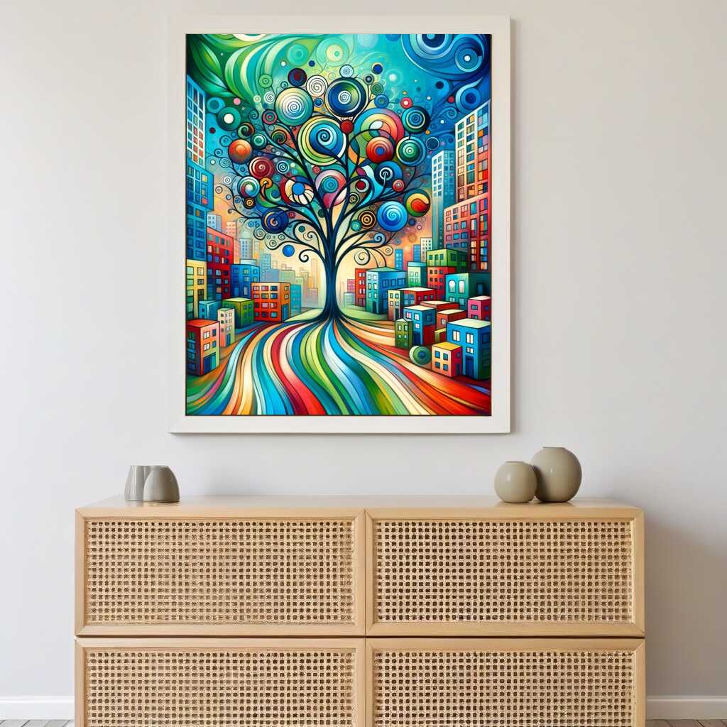 Malen nach Zahlen - Stadt um Baum abstrakt