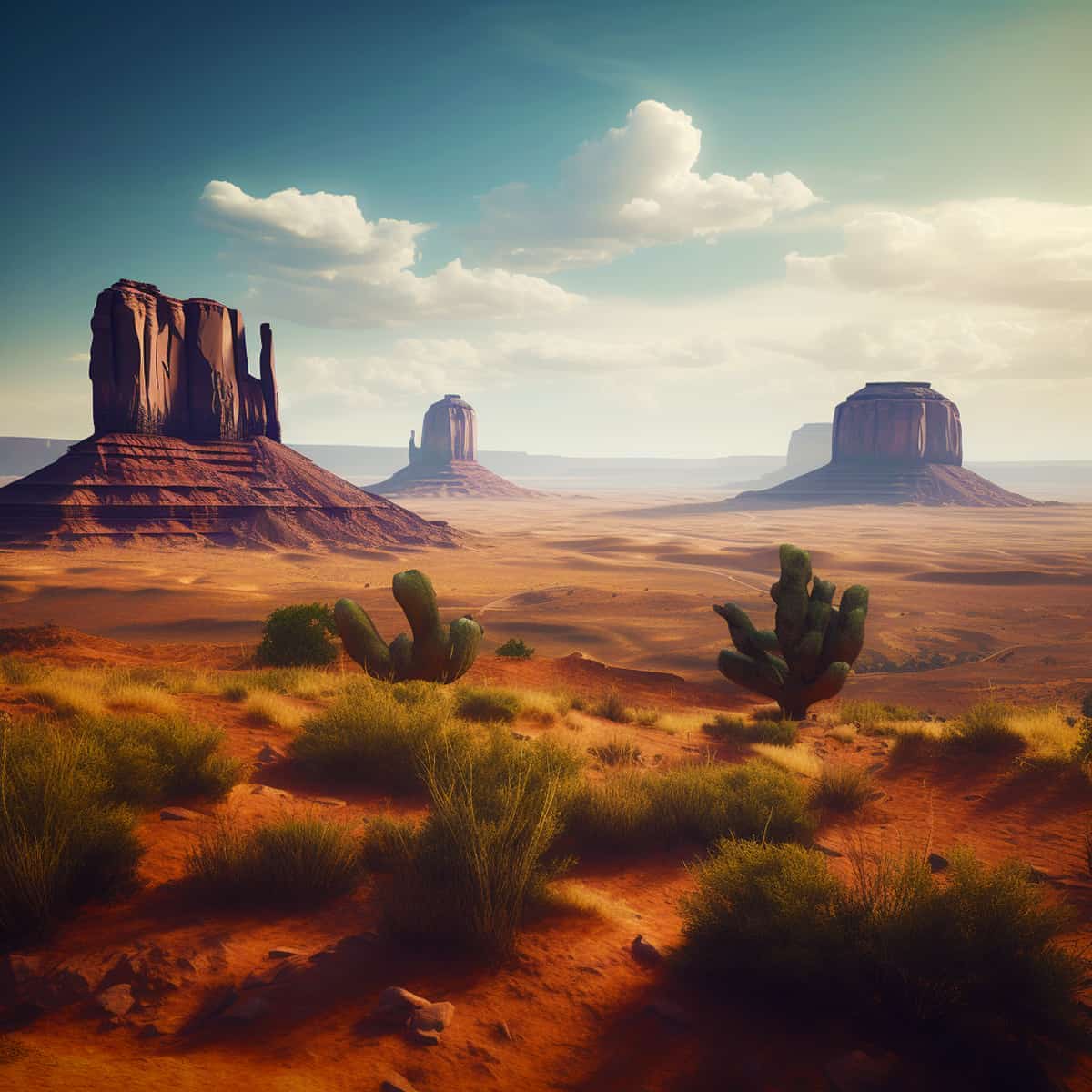 Scenic southwest desert landscape with towering rock formations and cacti under a cloudy sky.