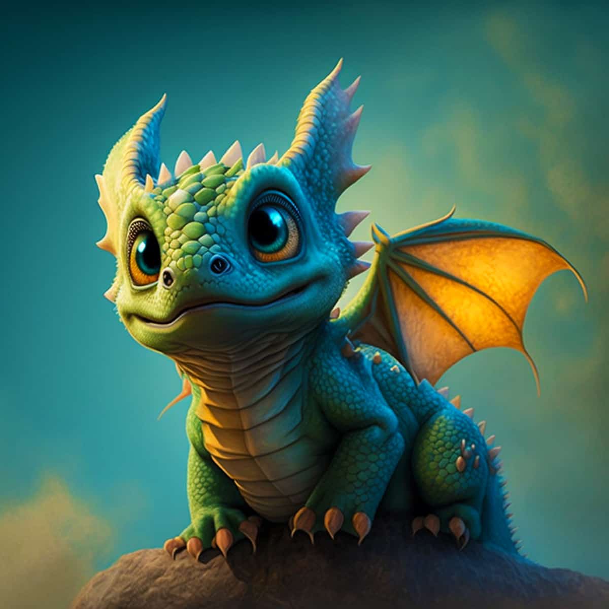 Cute green dragon with big eyes and glowing wings sitting on a rock in a fantasy setting.