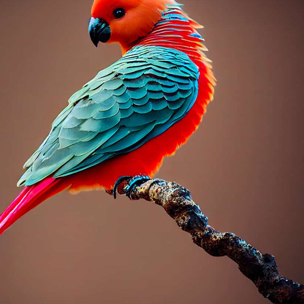 Diamond Painting of colorful bird with vibrant orange and blue feathers perched on a branch