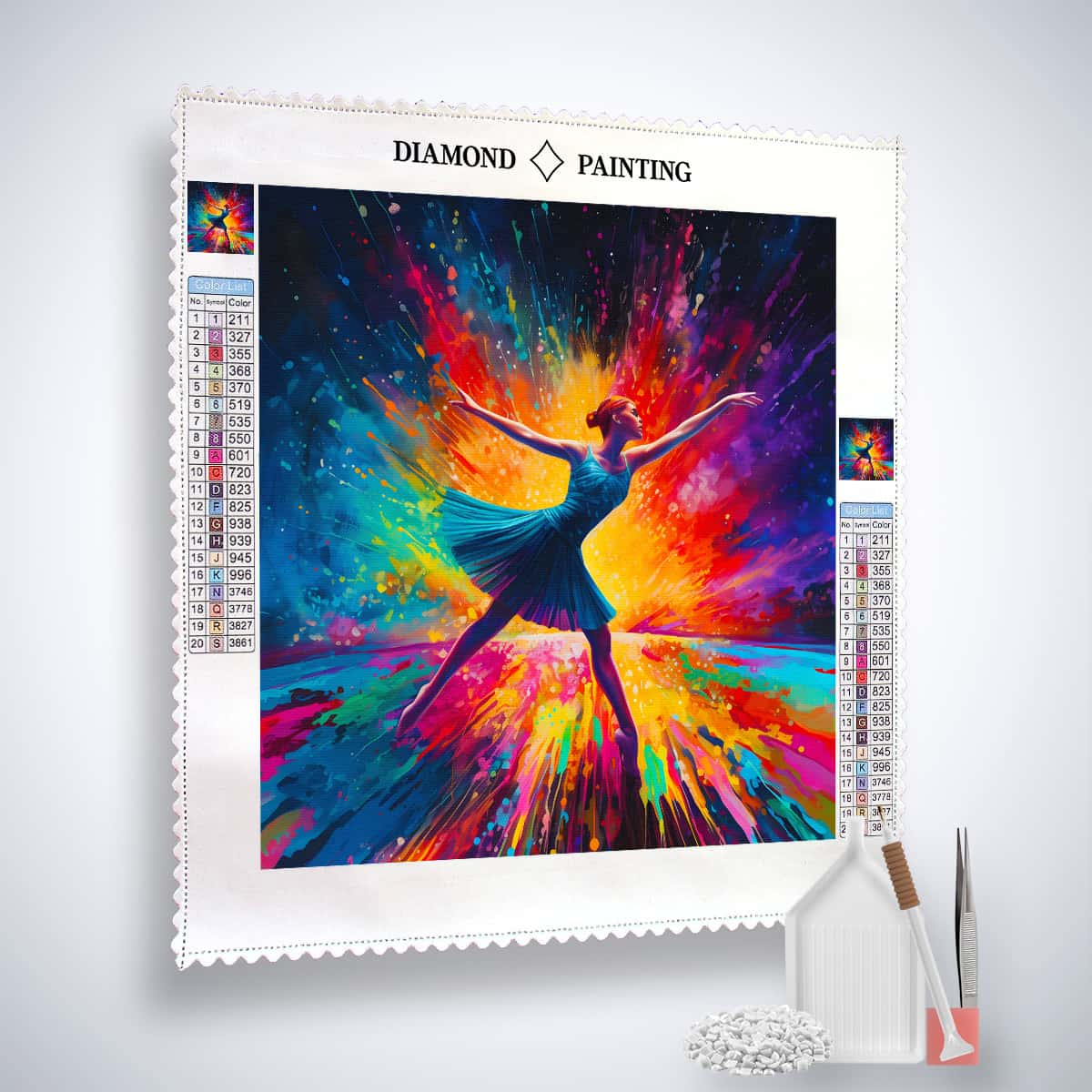 AB Diamond Painting - Bunter Tanz Kit with vibrant dancing figure, acrylic diamonds, tweezers, setting pen, and canvas.
