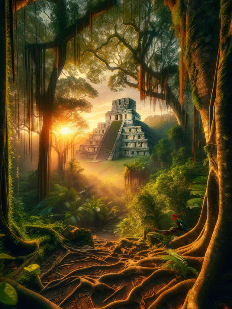 Maya Temple nestled in lush jungle with sunlight streaming through trees, perfect for Malen nach Zahlen painting relaxation and creativity.