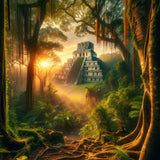 Maya Temple nestled in lush jungle with sunlight streaming through trees, perfect for Malen nach Zahlen painting relaxation and creativity.