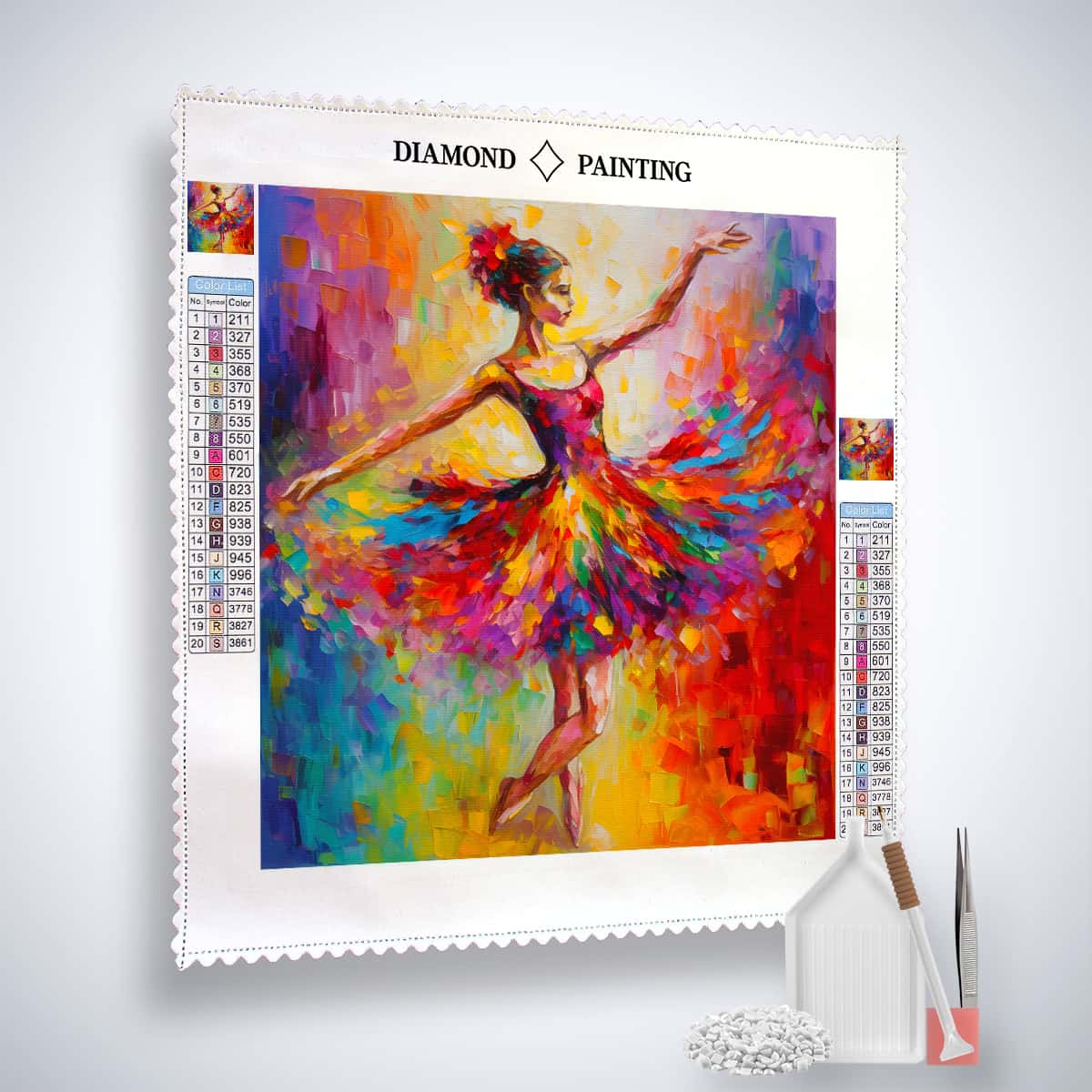 Diamond Painting Kit - Abstrakter Tanz Motiv mit Profi-Leinwand, Acryl Diamonds, Künstler-Pinzette und Setzstift.