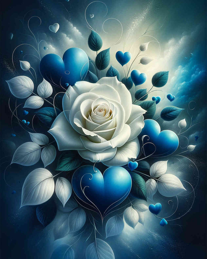 Malen nach Zahlen - Weiße Rose blaue Herzen