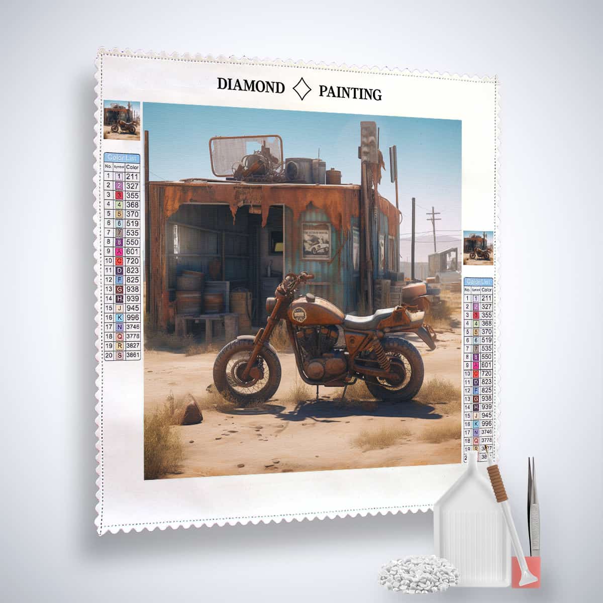 Diamond Painting Kit "Offroad-Entdecker" featuring a vintage motorcycle and desert landscape.