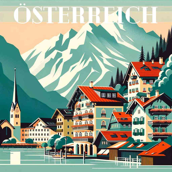 Malen nach Zahlen - Alpiner Zauber: Lebendige alpine Szene mit charmanten Gebäuden vor majestätischem Bergpanorama, Österreich