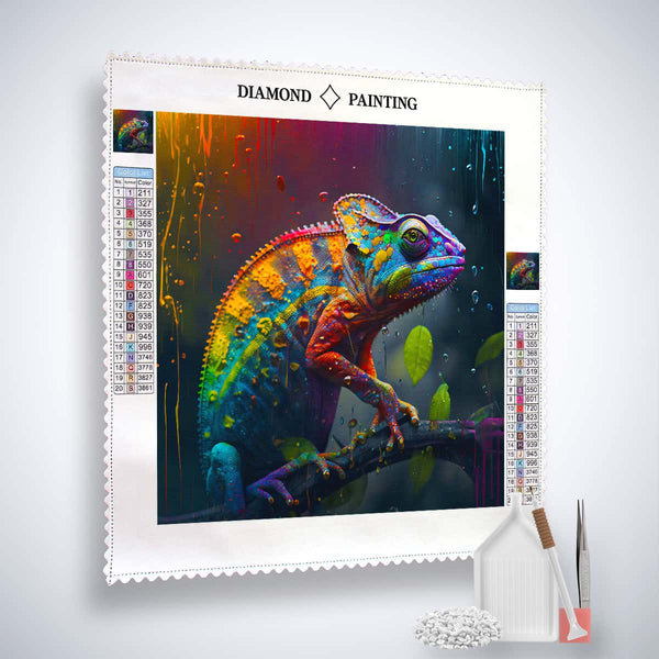 AB Diamond Painting Kit – Chamäleon im Regen – farbenfrohes Motiv, glänzende Acryl-Diamanten, komplette Werkzeuge für funkelnde Kunst