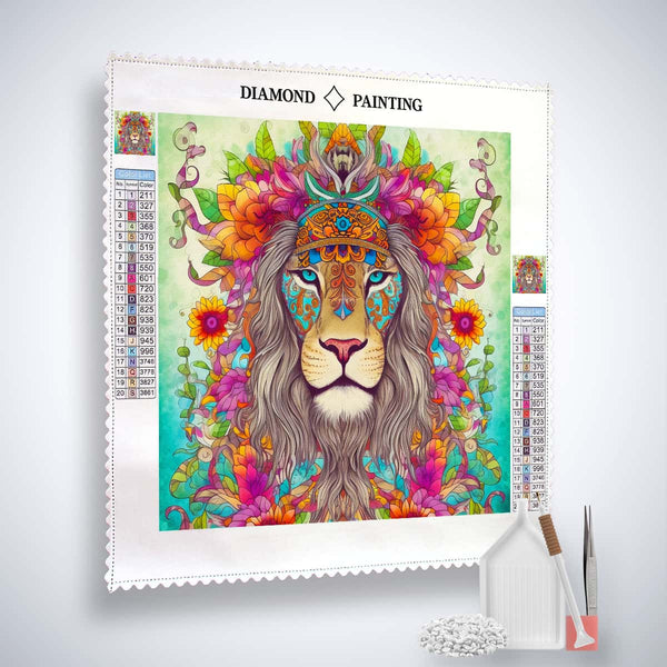 Diamond Painting Kit Hippie Löwe – Buntes Löwenmotiv auf Leinwand mit Acryl-Diamanten und Diamond Painting Werkzeugen.