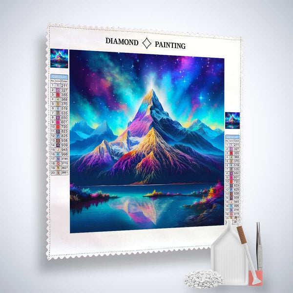 Diamond Painting Kit - Nordlichter über Berg mit Acryl Diamonds, Leinwand, Pinzette, und Setzstift - Kunst, die funkelt!