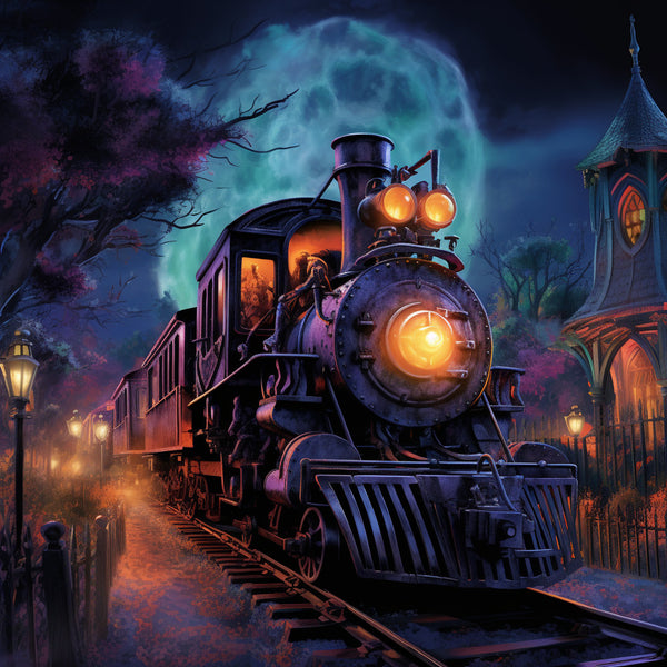 Ghost Train painting by Malen nach Zahlen, featuring a haunting locomotive on eerie tracks with glowing lights and a spooky night atmosphere.