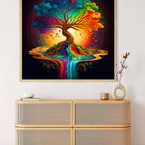 Malen nach Zahlen - Farbfluss Baum, farbenfrohes Baum-Kunstwerk an der Wand über einer Naturholzkommode.