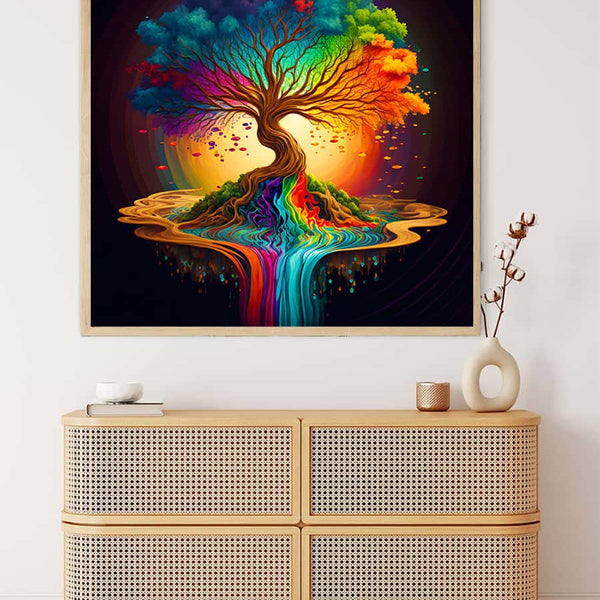 Malen nach Zahlen - Farbfluss Baum, farbenfrohes Baum-Kunstwerk an der Wand über einer Naturholzkommode.