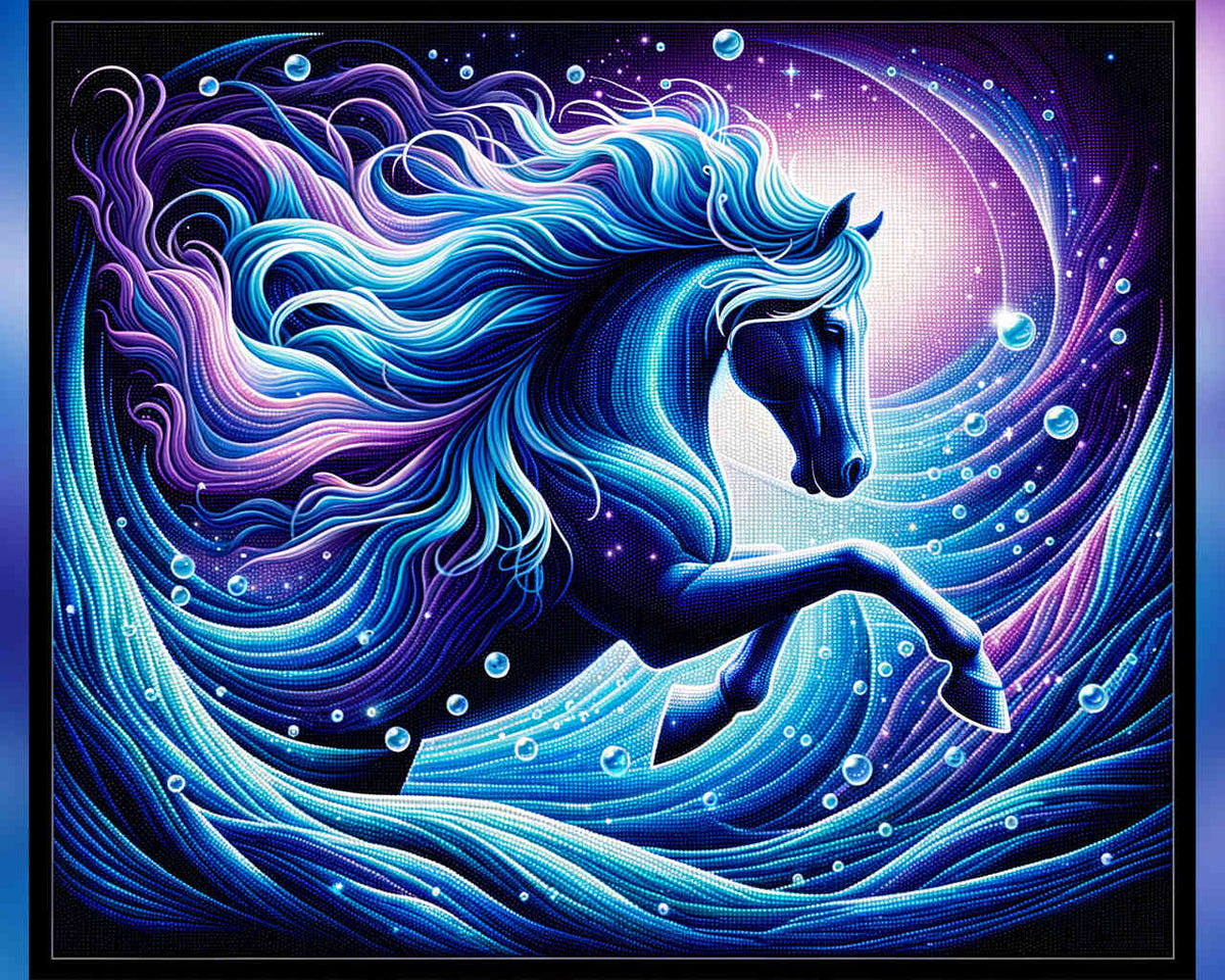 Diamond Painting of a mystical water horse in vibrant blue and purple hues, with flowing lines creating an underwater illusion.
