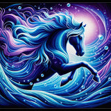 Diamond Painting of a mystical water horse in vibrant blue and purple hues, with flowing lines creating an underwater illusion.