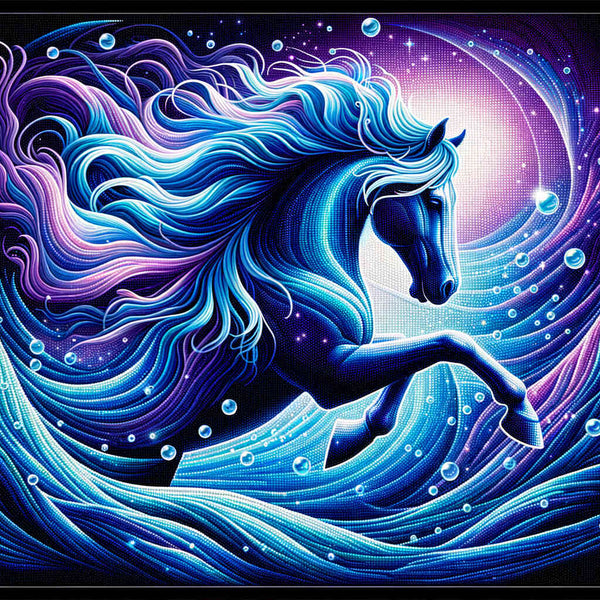 Diamond Painting of a mystical water horse in vibrant blue and purple hues, with flowing lines creating an underwater illusion.