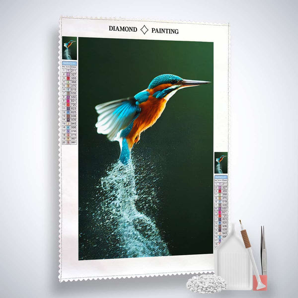 Diamond Painting Kit featuring Eisvogel (Kingfisher) emerging from water with toolkit - sparkling art canvas, acrylic diamonds, artist tweezers, and pen