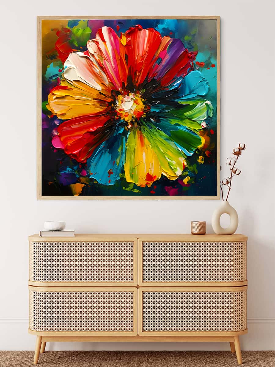 "Malen nach Zahlen Bunte Blüte Gemälde über einer modernen Kommode, farbenfrohe Blume, entspannende Kunst für Zuhause"