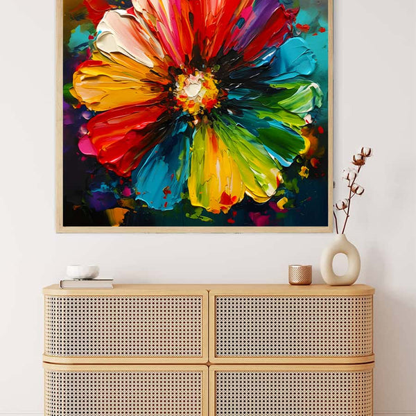 "Malen nach Zahlen Bunte Blüte Gemälde über einer modernen Kommode, farbenfrohe Blume, entspannende Kunst für Zuhause"