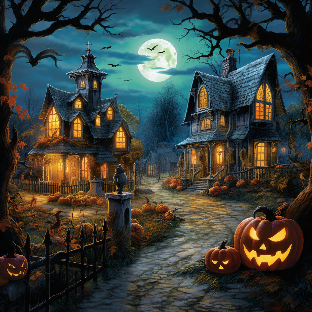 Spooky Halloween night with haunted houses, glowing pumpkins, and a full moon in a dark, eerie atmosphere