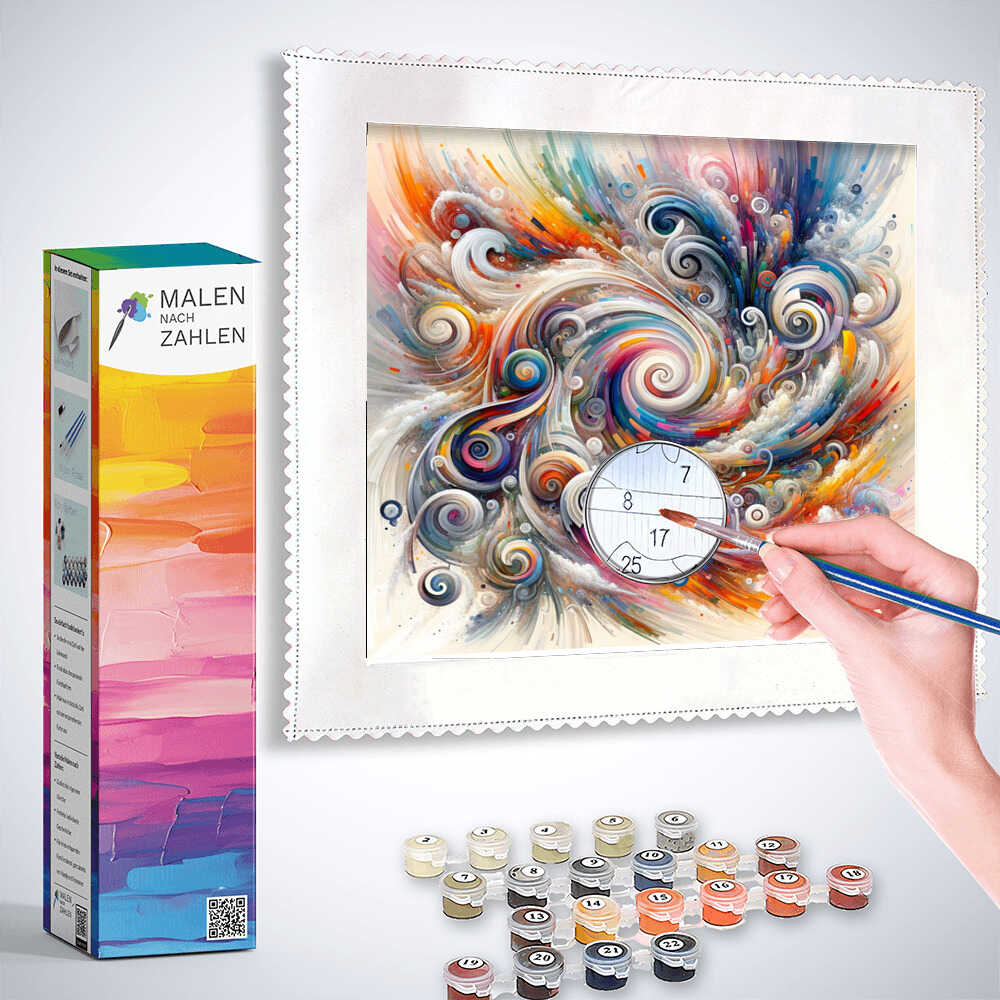 "Malen nach Zahlen - Begegnungen im Winterglanz painting kit with colorful abstract design and paintbrush in hand"