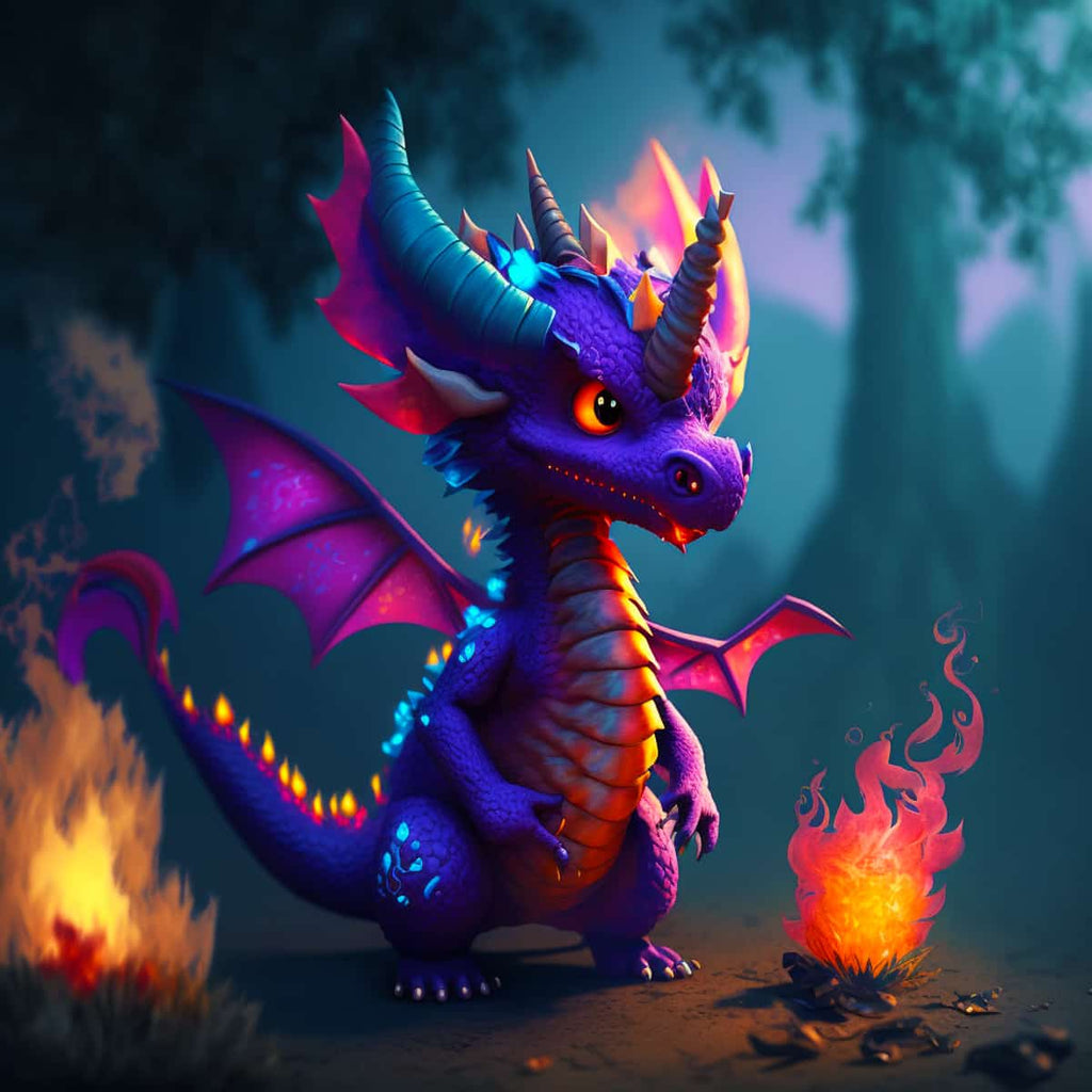 Vibrant purple dragon with blue and red wings surrounded by flames in a mystical forest setting