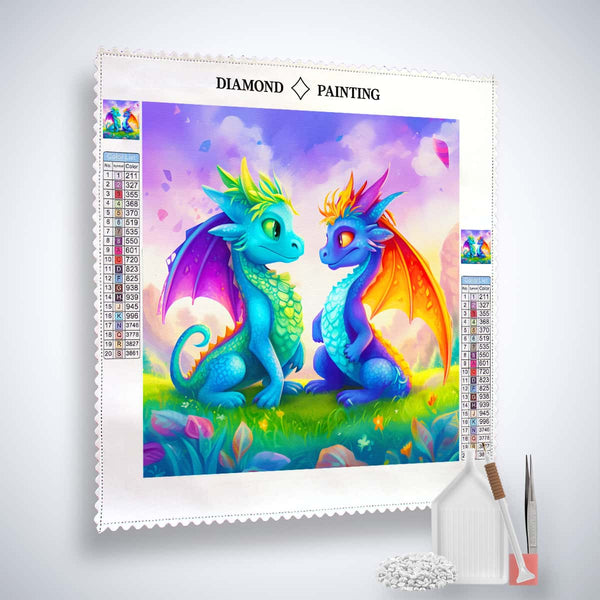 AB Diamond Painting - Drachenfreundschaft Set with two colorful dragons, acrylic diamonds, tweezers, and pen