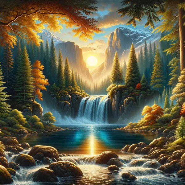 Malen nach Zahlen - Berge und Wasserfall im Wald