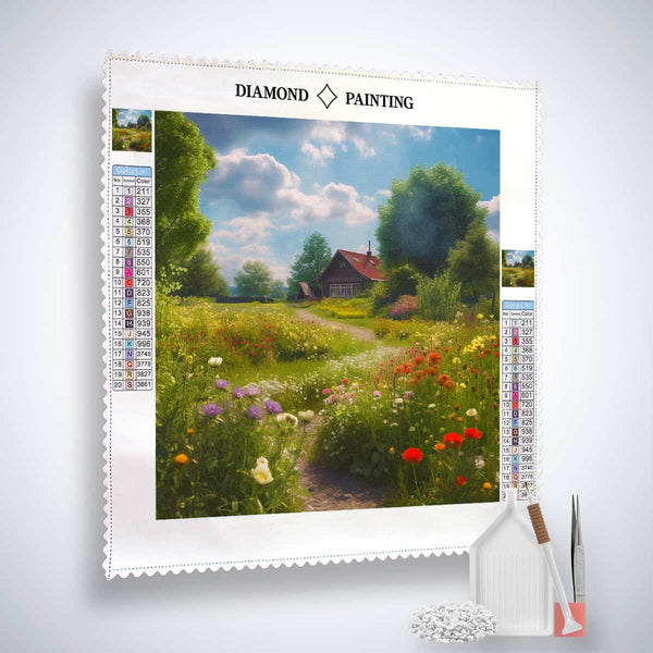 Diamond Painting Kit Dorfidylle auf der Wiese - Profi-Leinwand, Acryl Diamonds, Pinzette, Setzstift - Funkelnde Kunstlandschaft