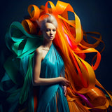 Woman wrapped in vibrant multi-colored ribbons, wearing a flowing blue dress against a dark background.