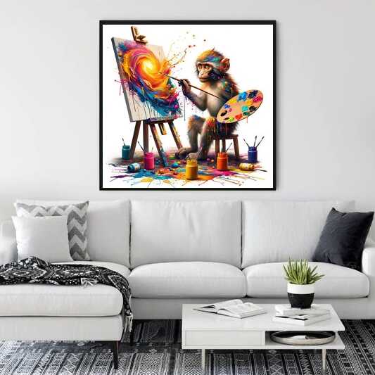 "Colorful monkey painting artwork displayed in modern living room above white sofa"